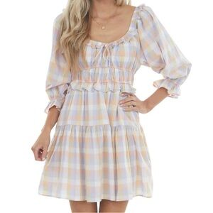 Entro light Blush Pink Lilac White Plaid Pastel Set Me Free Peasant Dress